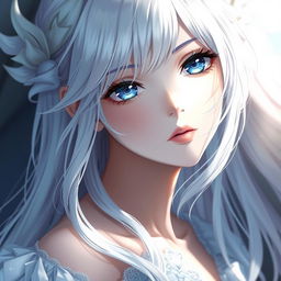 A mesmerizing anime girl with striking blue eyes, long flowing white hair, and fair skin, artfully posed in an elegant and tasteful manner, surrounded by ethereal light and soft textures that enhance her angelic appearance