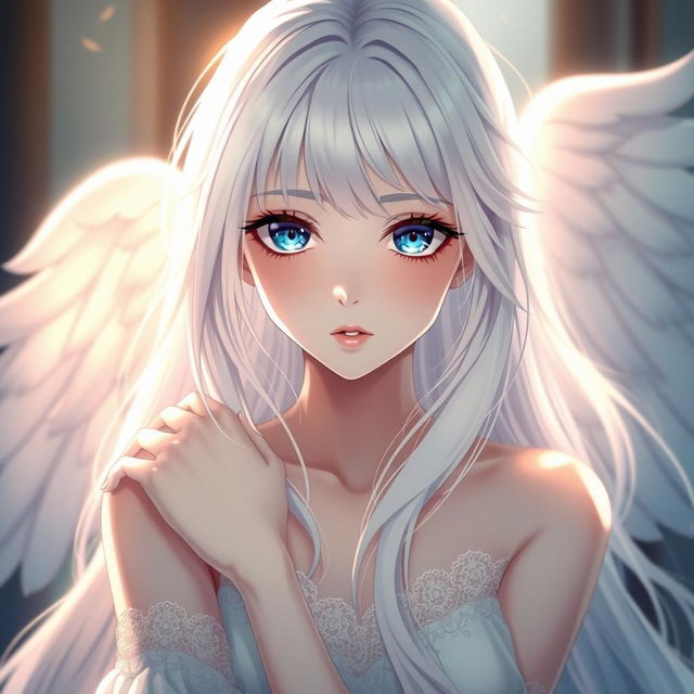 A mesmerizing anime girl with striking blue eyes, long flowing white hair, and fair skin, artfully posed in an elegant and tasteful manner, surrounded by ethereal light and soft textures that enhance her angelic appearance