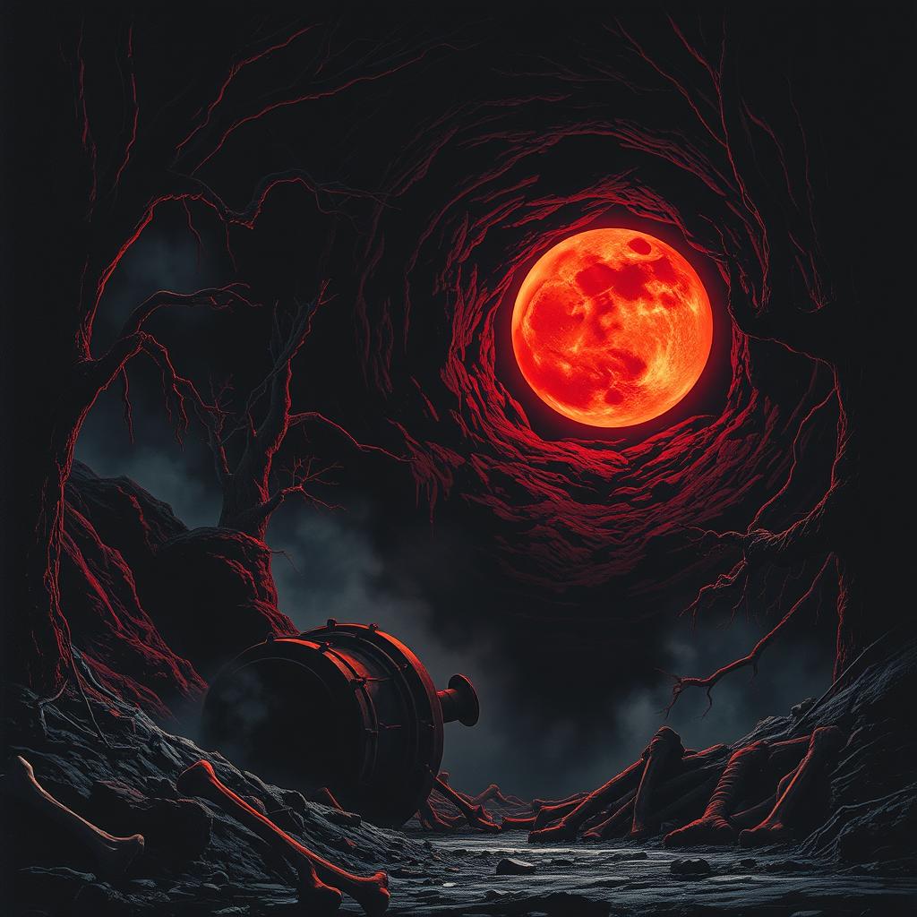 Create a vintage 1981 horror movie poster featuring a blood-red moon casting an eerie glow over a dark and ominous mine shaft