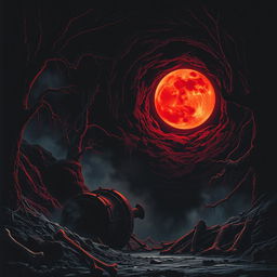 Create a vintage 1981 horror movie poster featuring a blood-red moon casting an eerie glow over a dark and ominous mine shaft