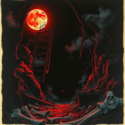 Create a vintage 1981 horror movie poster featuring a blood-red moon casting an eerie glow over a dark and ominous mine shaft