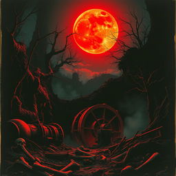 Create a vintage 1981 horror movie poster featuring a blood-red moon casting an eerie glow over a dark and ominous mine shaft