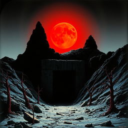 A chilling 1981 horror movie poster featuring a blood moon casting a sinister red glow over a creepy mining entrance