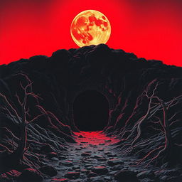 A chilling 1981 horror movie poster featuring a blood moon casting a sinister red glow over a creepy mining entrance