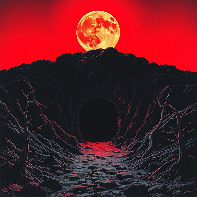 A chilling 1981 horror movie poster featuring a blood moon casting a sinister red glow over a creepy mining entrance