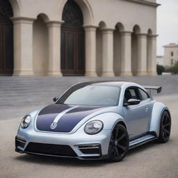 A Volkswagen Beetle infused with the high-tech aesthetics and raw power of a Devel Sixteen, creating a daring and charming supercar concept