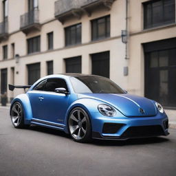 A Volkswagen Beetle infused with the high-tech aesthetics and raw power of a Devel Sixteen, creating a daring and charming supercar concept