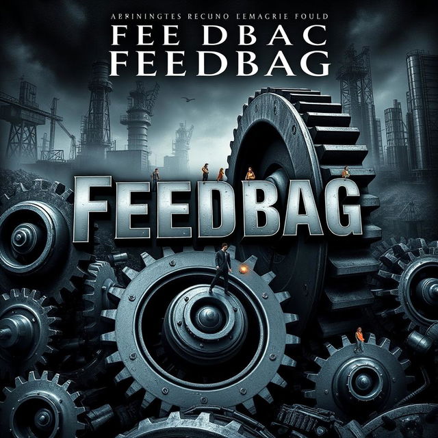 A gripping book cover for the title "Feedbag," depicting a surreal scene where individuals are seamlessly integrated into gigantic, menacing cogs and gears of a vast corporate machine