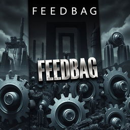 A gripping book cover for the title "Feedbag," depicting a surreal scene where individuals are seamlessly integrated into gigantic, menacing cogs and gears of a vast corporate machine