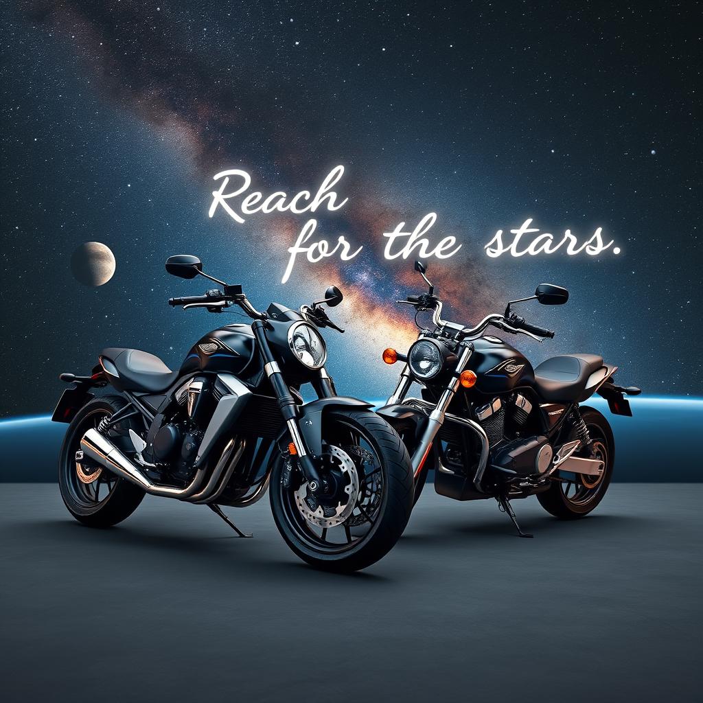 Two motorcycles parked in space with a motivational quote