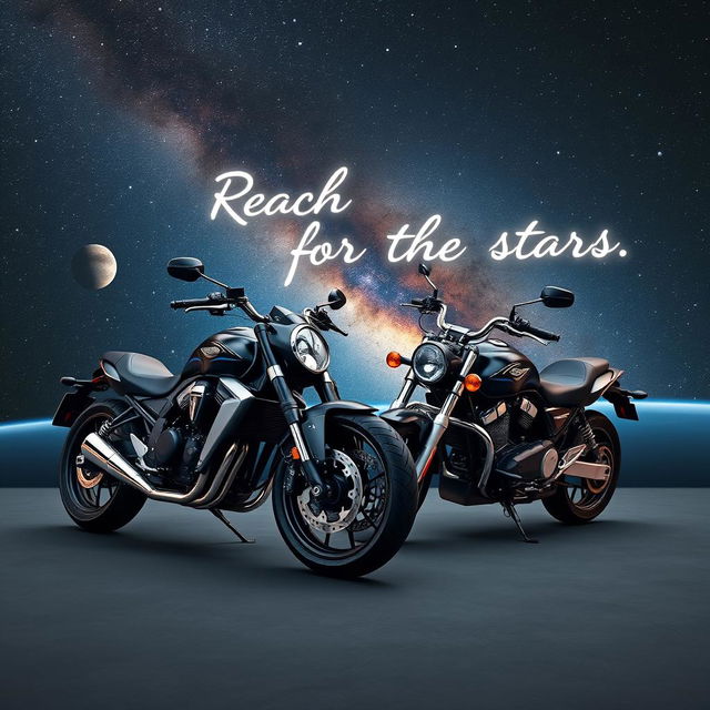 Two motorcycles parked in space with a motivational quote