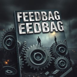 A gripping book cover for the title "Feedbag," depicting a surreal scene where individuals are seamlessly integrated into gigantic, menacing cogs and gears of a vast corporate machine