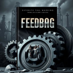 A gripping book cover for the title "Feedbag," depicting a surreal scene where individuals are seamlessly integrated into gigantic, menacing cogs and gears of a vast corporate machine