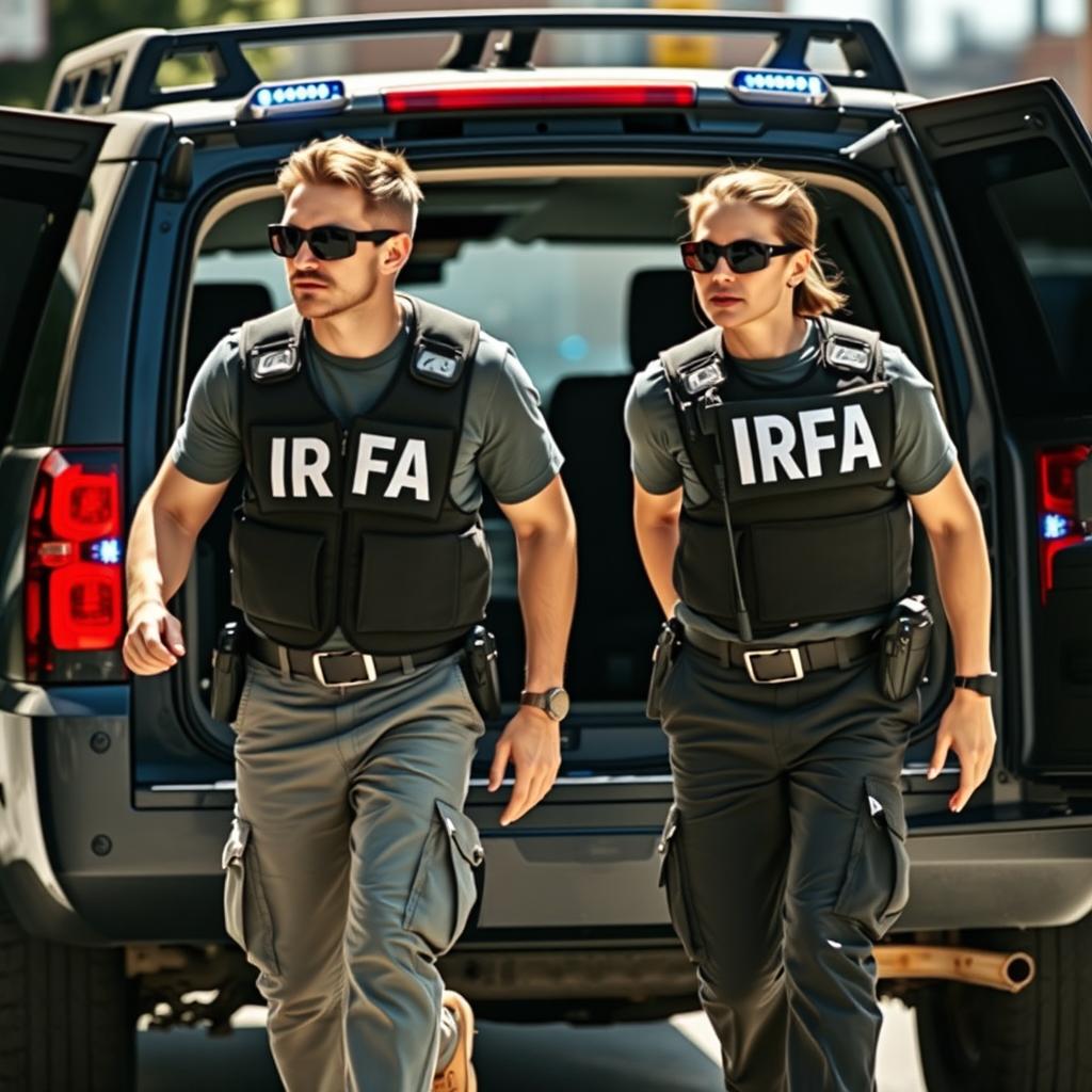 Two analyst investigators exiting a Chevrolet Suburban with blue LED lights, wearing t-shirts under investigation vests with "IRFA" written in white letters on the back