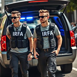 Two analyst investigators exiting a Chevrolet Suburban with blue LED lights, wearing t-shirts under investigation vests with "IRFA" written in white letters on the back