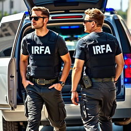 Two analyst investigators exiting a Chevrolet Suburban with blue LED lights, wearing t-shirts under investigation vests with "IRFA" written in white letters on the back