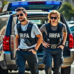 Two analyst investigators exiting a Chevrolet Suburban with blue LED lights, wearing t-shirts under investigation vests with "IRFA" written in white letters on the back