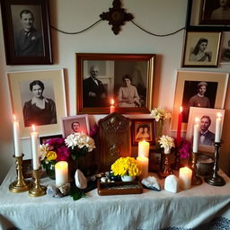 An ancestral altar adorned with ancient photos, lit candles, fresh flowers, and symbolic objects like crystals and incense