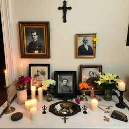 An ancestral altar adorned with ancient photos, lit candles, fresh flowers, and symbolic objects like crystals and incense