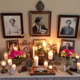 An ancestral altar adorned with ancient photos, lit candles, fresh flowers, and symbolic objects like crystals and incense