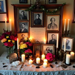 An ancestral altar adorned with ancient photos, lit candles, fresh flowers, and symbolic objects like crystals and incense