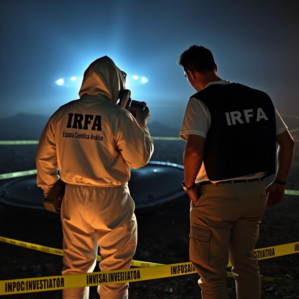 Two analyst investigators in white PPE suits with "IRFA" in black letters on the back, accompanied by smaller letters stating "Equipa Científica Análise