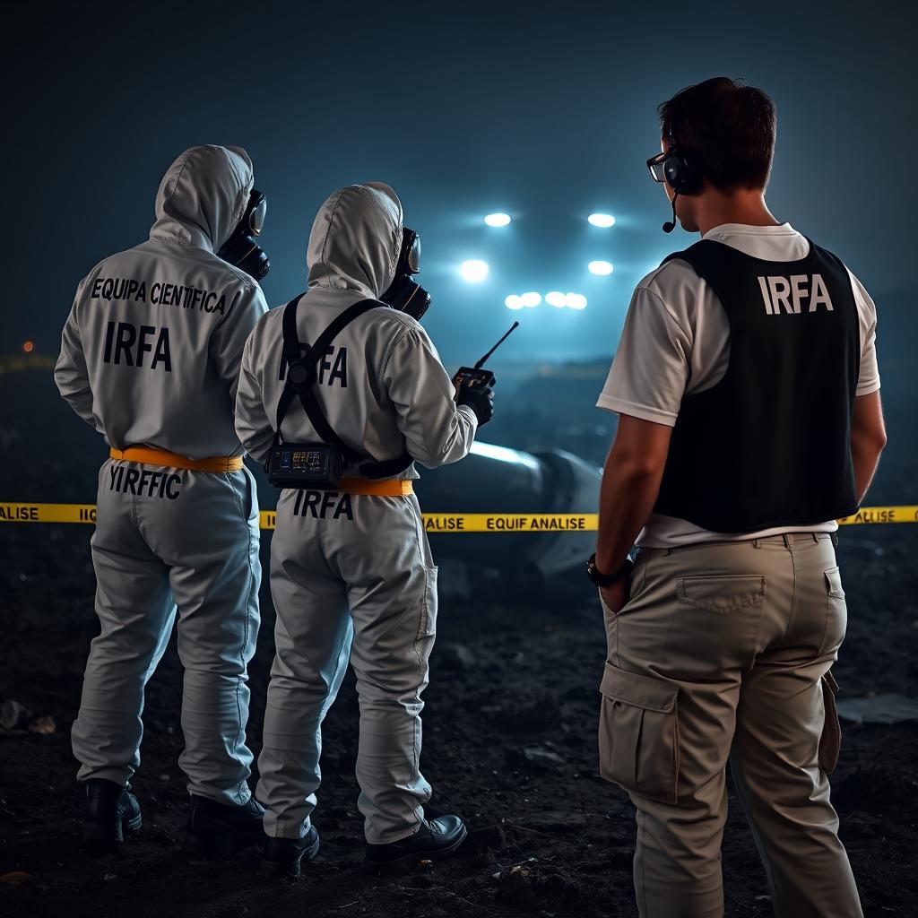 Two analyst investigators in white PPE suits with "IRFA" in black letters on the back, accompanied by smaller letters stating "Equipa Científica Análise