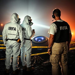 Two analyst investigators in white PPE suits with "IRFA" in black letters on the back, accompanied by smaller letters stating "Equipa Científica Análise