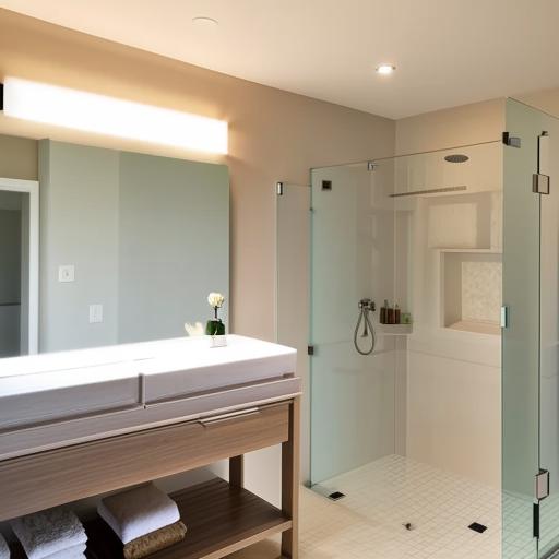 A pristine, well-lit bathroom with modern fixtures and neutral tones. It features a large mirror, a stylish sink, and a spacious shower with glass doors.