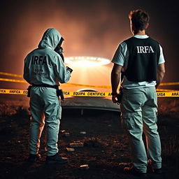 Two analyst investigators in white PPE suits with "IRFA" in black letters on the back, accompanied by smaller letters stating "Equipa Científica Análise