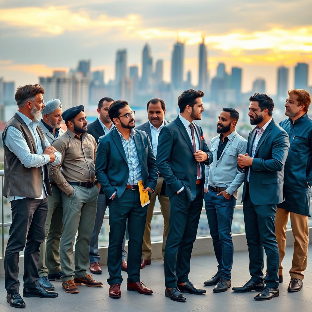 A diverse group of men, showcasing various ages, ethnicities, and professions, gathered in a modern urban setting