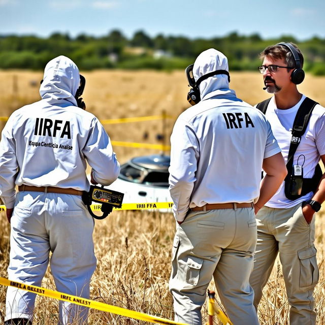 Two analyst investigators in white PPE suits with "IRFA" in black letters on the back, accompanied by smaller letters stating "Equipa Científica Análise