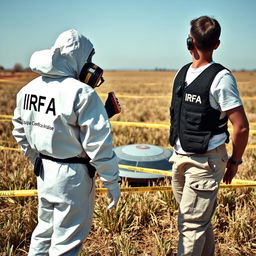 Two analyst investigators in white PPE suits with "IRFA" in black letters on the back, accompanied by smaller letters stating "Equipa Científica Análise