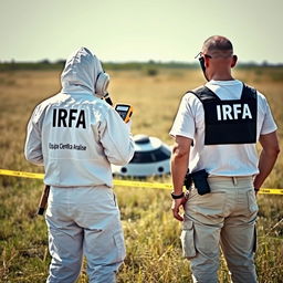 Two analyst investigators in white PPE suits with "IRFA" in black letters on the back, accompanied by smaller letters stating "Equipa Científica Análise