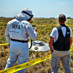 Two analyst investigators in white PPE suits with "IRFA" in black letters on the back, accompanied by smaller letters stating "Equipa Científica Análise