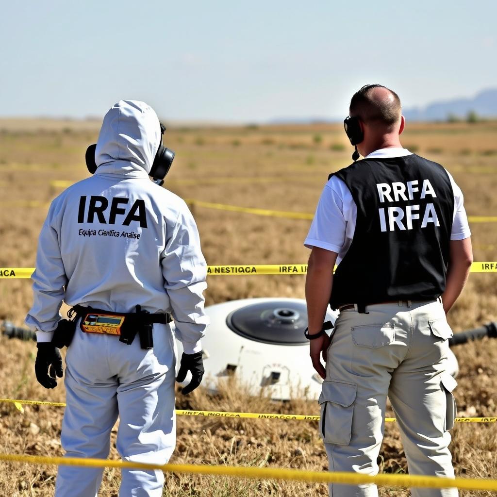 Two analyst investigators in white PPE suits with "IRFA" in black letters on the back, accompanied by smaller letters stating "Equipa Científica Análise