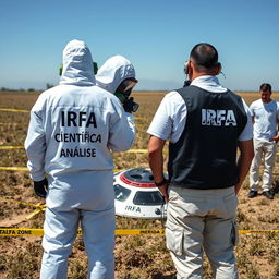 Two analyst investigators in white PPE suits with "IRFA" in black letters on the back, accompanied by smaller letters stating "Equipa Científica Análise