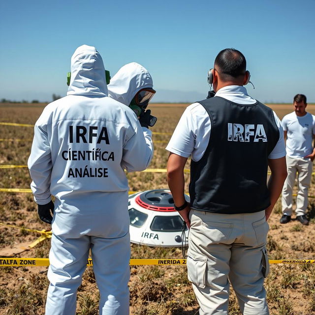 Two analyst investigators in white PPE suits with "IRFA" in black letters on the back, accompanied by smaller letters stating "Equipa Científica Análise