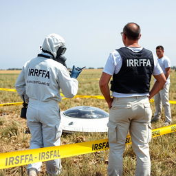 Two analyst investigators in white PPE suits with "IRFA" in black letters on the back, accompanied by smaller letters stating "Equipa Científica Análise