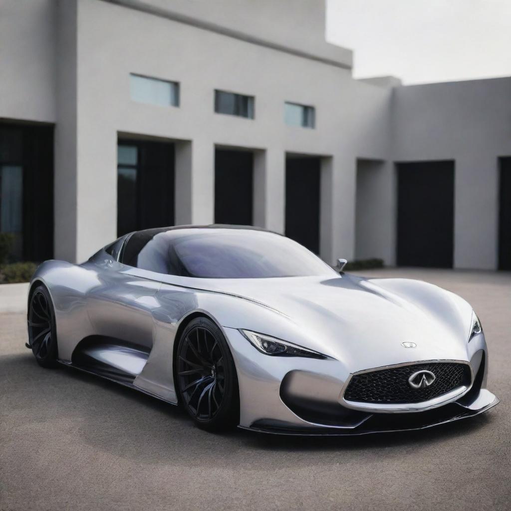 A blend of a sleek Infiniti sports car with the audacious, high-performance aesthetics of a Devel Sixteen, forming an alluring supercar concept