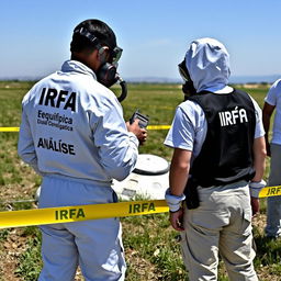 Two analyst investigators in white PPE suits with "IRFA" in black letters on the back, accompanied by smaller letters stating "Equipa Científica Análise