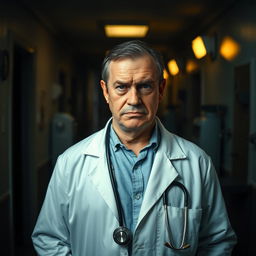 A grumpy doctor standing in a dimly lit hospital corridor, wearing a white coat and stethoscope around his neck