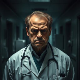 A grumpy doctor standing in a dimly lit hospital corridor, wearing a white coat and stethoscope around his neck