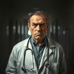 A grumpy doctor standing in a dimly lit hospital corridor, wearing a white coat and stethoscope around his neck