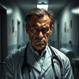 A grumpy doctor standing in a dimly lit hospital corridor, wearing a white coat and stethoscope around his neck