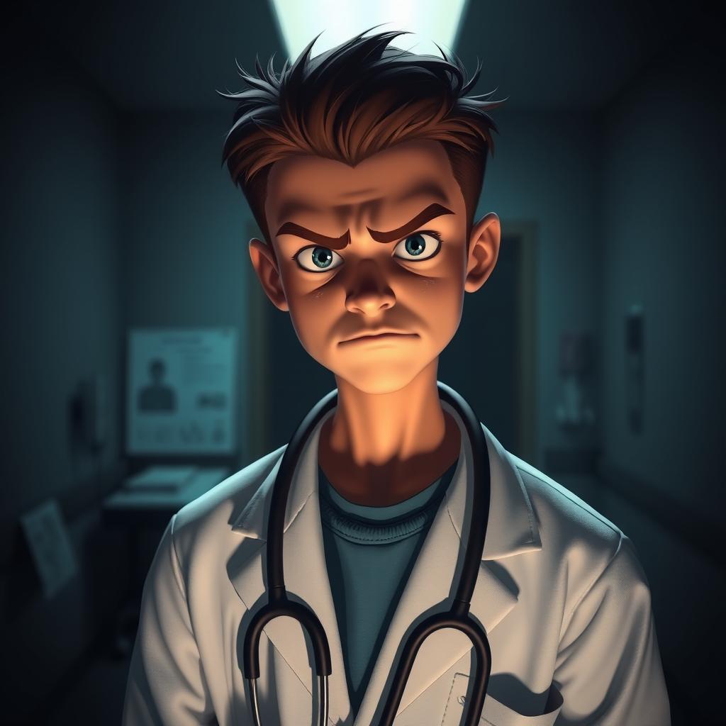 A young doctor with a grumpy expression, wearing a white coat and stethoscope, standing in a dimly lit room