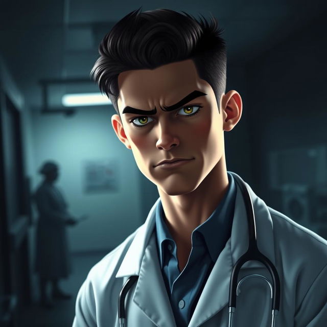 A young doctor with a grumpy expression, wearing a white coat and stethoscope, standing in a dimly lit room