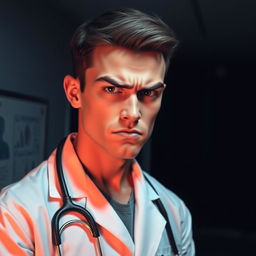 A young doctor with a grumpy expression, wearing a white coat and stethoscope, standing in a dimly lit room