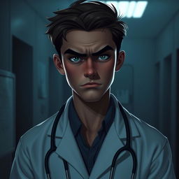 A young doctor with a grumpy expression, wearing a white coat and stethoscope, standing in a dimly lit room