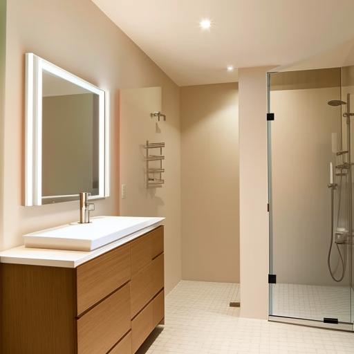 A pristine, well-lit bathroom with modern fixtures and neutral tones. It features a large mirror, a stylish sink, and a spacious shower with glass doors.